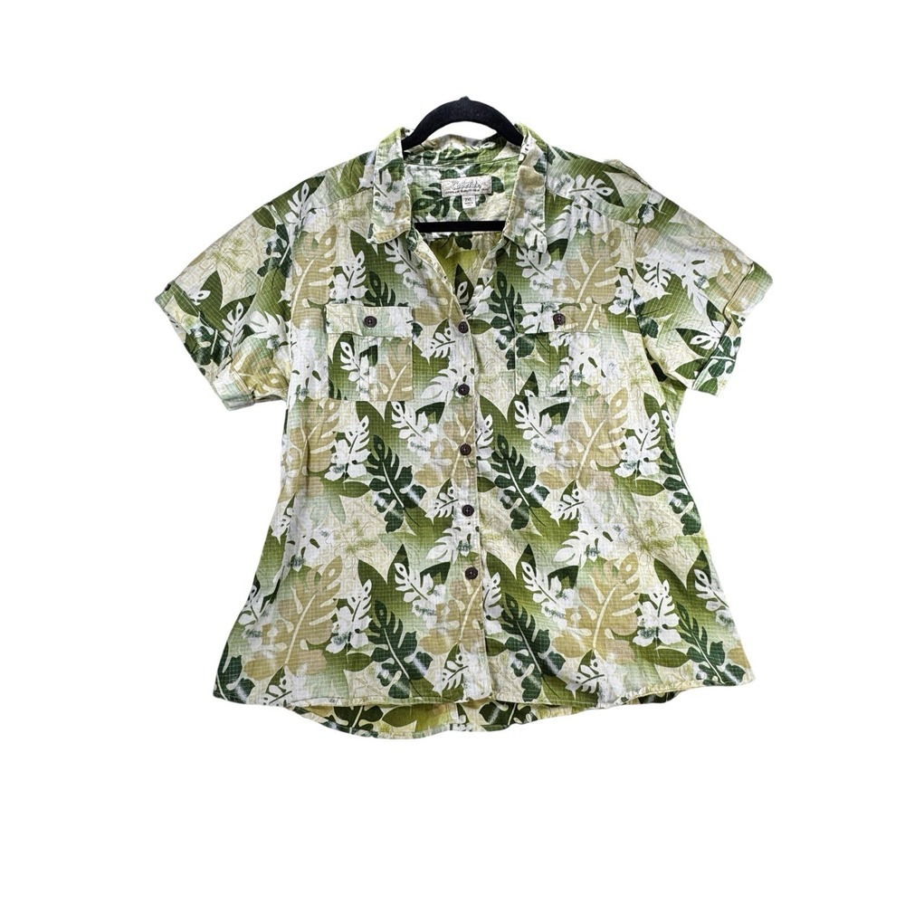 Cabela's Tropical Leaf Print Button Up Shirt Women's 2X Green Hawaiian Shirt
